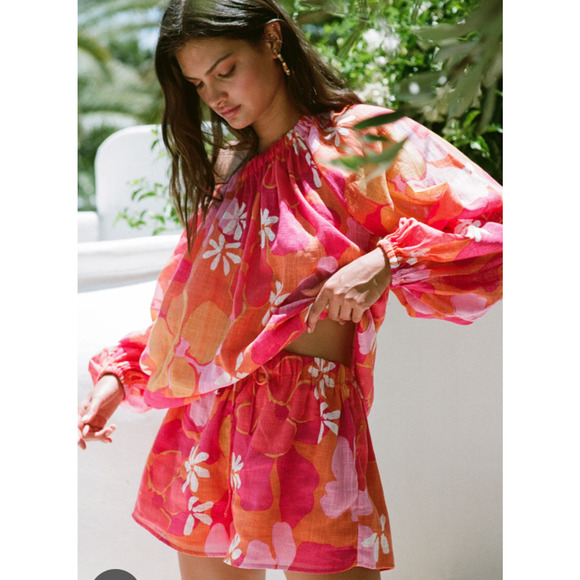 Sabo Short Set Women Sz XS - S Orange Red Lightweight Sheer Tropical - SIZE NOTE - Picture 2 of 14